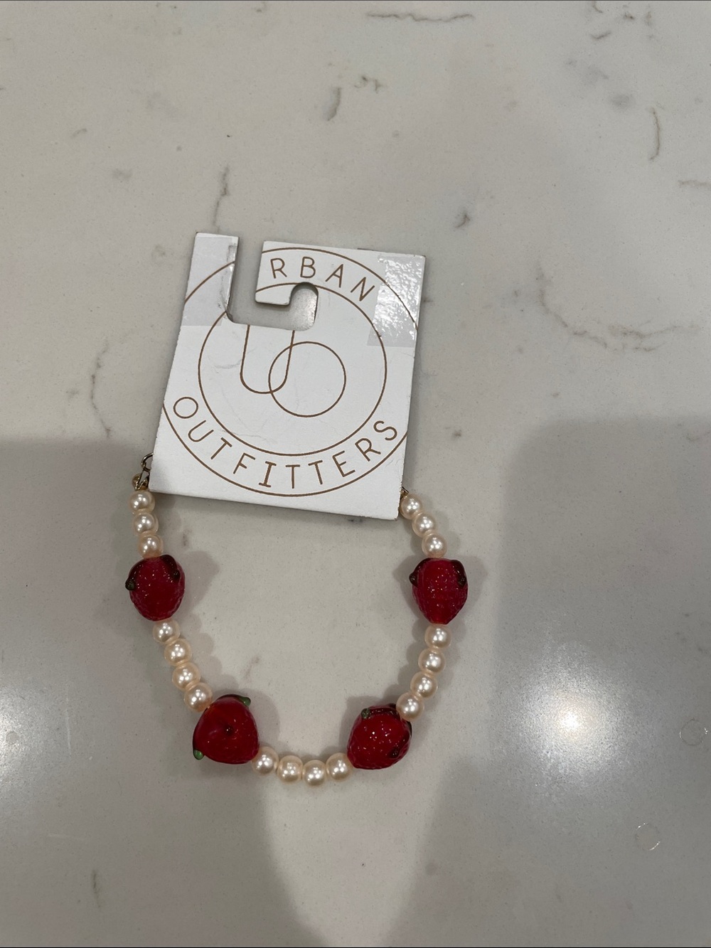 Urban Outfitters Pearl Bracelet with Red Strawberry Charms